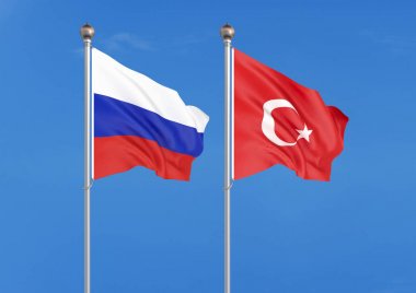 Rusya vs Türkiye. Rusya ve Türkiye 'nin kalın renkli ipeksi bayrakları. gökyüzü arka plan üzerinde 3D illüstrasyon Illustration