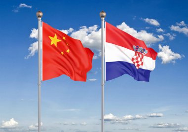 Çin - Hırvatistan. Avrupa Birliği ve Belçika kalın renkli ipeksi bayraklar. Gökyüzü arka plan İllüstrasyon 3d illüstrasyon