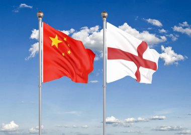 Çin, İngiltere'ye karşı. Avrupa Birliği ve Belçika kalın renkli ipeksi bayraklar. Gökyüzü arka plan İllüstrasyon 3d illüstrasyon