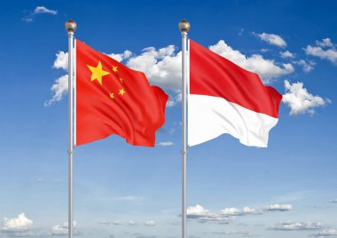 Çin Endonezya'ya karşı. Avrupa Birliği ve Uruguay kalın renkli ipeksi bayraklar. Gökyüzü arka plan İllüstrasyon 3d illüstrasyon