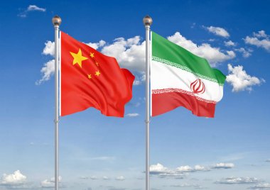 Çin Vs İran. Avrupa Birliği ve Uruguay kalın renkli ipeksi bayraklar. Gökyüzü arka plan İllüstrasyon 3d illüstrasyon