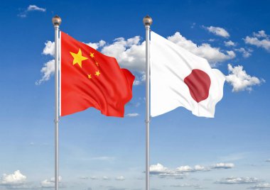 Çin Japonya'ya karşı. Avrupa Birliği ve Uruguay kalın renkli ipeksi bayraklar. Gökyüzü arka plan İllüstrasyon 3d illüstrasyon