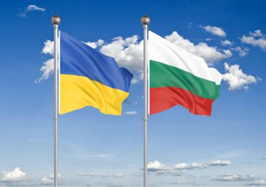Ukrayna vs Bulgaristan. Ukrayna ve Bulgaristan kalın renkli ipeksi bayraklar. Gökyüzü arka plan İllüstrasyon 3d illüstrasyon