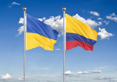 Ukrayna vs Kolombiya. Ukrayna ve Kolombiya kalın renkli ipeksi bayraklar. Gökyüzü arka plan İllüstrasyon 3d illüstrasyon