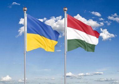 Ukrayna - Macaristan. Ukrayna ve Macaristan kalın renkli ipeksi bayraklar. Gökyüzü arka plan İllüstrasyon 3d illüstrasyon