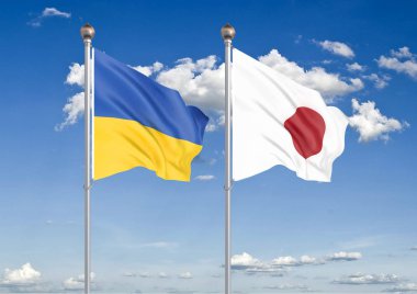 Ukrayna vs Japonya. Ukrayna ve Japonya kalın renkli ipeksi bayraklar. Gökyüzü arka plan İllüstrasyon 3d illüstrasyon