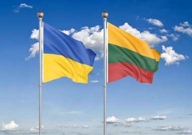 Ukrayna vs Litvanya. Ukrayna ve Litvanya kalın renkli ipeksi bayraklar. Gökyüzü arka plan İllüstrasyon 3d illüstrasyon