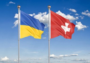 Ukrayna vs İsviçre. Ukrayna ve İsviçre kalın renkli ipeksi bayraklar. Gökyüzü arka plan İllüstrasyon 3d illüstrasyon