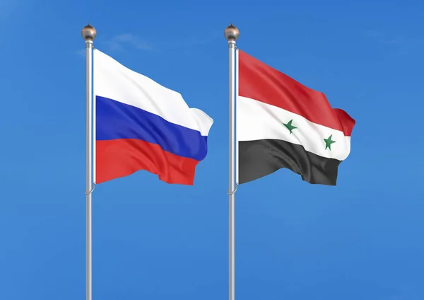 Rusya vs Suriye. Rusya ve Suriye 'nin kalın renkli ipeksi bayrakları. gökyüzü arka plan üzerinde 3D illüstrasyon Illustration