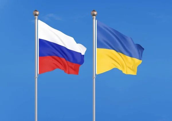 Rusya vs Ukrayna. Rusya ve Ukrayna kalın renkli ipeksi bayrakları. gökyüzü arka plan üzerinde 3D illüstrasyon Illustration