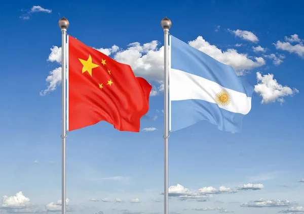 Китай Проти Аргентини Товсті Кольорові Шовковистою Прапорами Європейського Союзу Уругваю — стокове фото