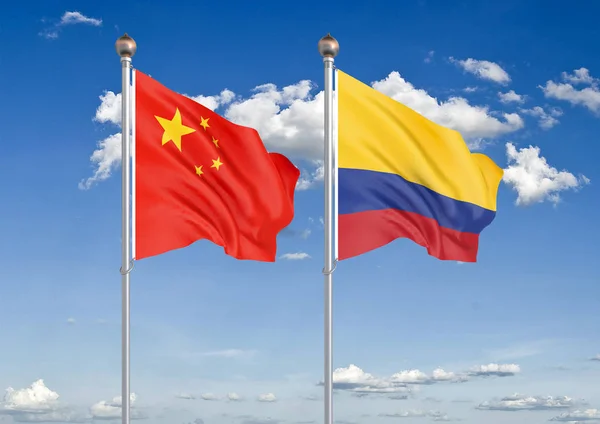 Китай Проти Колумбії Товсті Кольорові Шовковистою Прапорами Європейського Союзу Уругваю — стокове фото