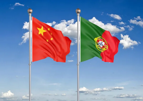 Китай Проти Португалії Товсті Кольорові Шовковистою Прапорами Європейського Союзу Бельгії — стокове фото