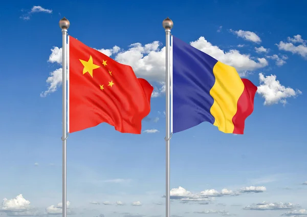 Китай Проти Румунії Товсті Кольорові Шовковистою Прапорами Європейського Союзу Бельгії — стокове фото