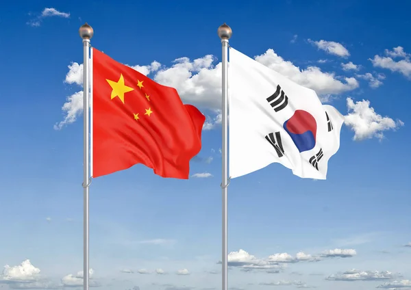 Cina Contro Corea Del Sud Bandiere Seta Colore Spesso Dell — Foto Stock