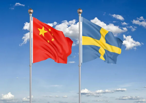 Китай Проти Швеції Товсті Кольорові Шовковистою Прапорами Європейського Союзу Бельгії — стокове фото