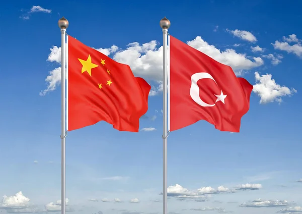 Çin Türkiye Avrupa Birliği Belçika Kalın Renkli Ipeksi Bayraklar Gökyüzü — Stok fotoğraf