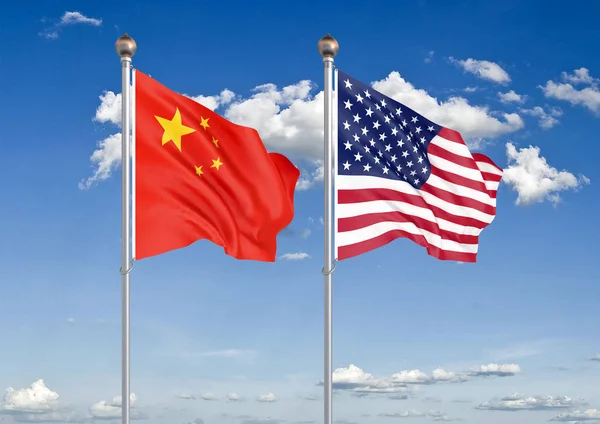 United States of America vs China. Thick colored silky flags of America and China. 3D illustration on sky background - Illustration