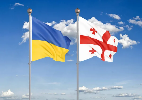 Ukrayna - Gürcistan. Ukrayna ve Gürcistan kalın renkli ipeksi bayraklar. Gökyüzü arka plan İllüstrasyon 3d illüstrasyon