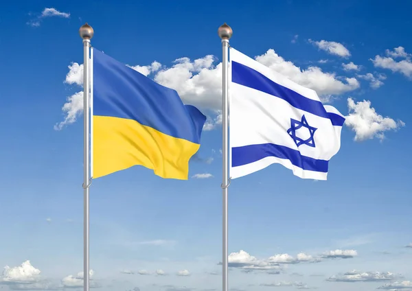 Ukrayna vs İsrail. Ukrayna ve İsrail kalın renkli ipeksi bayraklar. Gökyüzü arka plan İllüstrasyon 3d illüstrasyon
