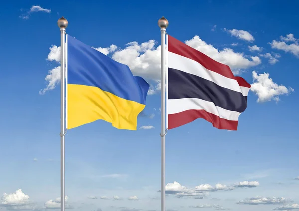 Украина Против Таиланда Толстые Шелковистые Флаги Украины Таиланда Иллюстрация Фоне — стоковое фото
