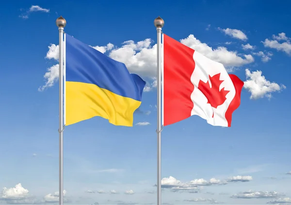 Ukrayna vs Kanada. Ukrayna ve Kanada kalın renkli ipeksi bayraklar. Gökyüzü arka plan İllüstrasyon 3d illüstrasyon