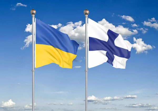 Ukraine Gegen Finnland Dicke Farbige Seidene Flaggen Der Ukraine Und — Stockfoto