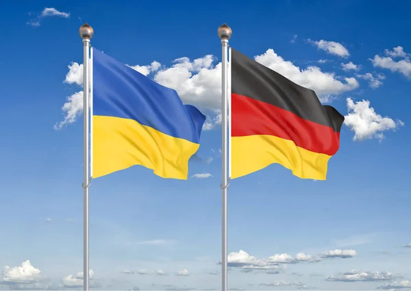 Ucrania Alemania Banderas Sedosas Color Grueso Ucrania Alemania Ilustración Sobre —  Fotos de Stock