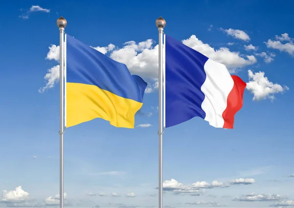 Ukraine Gegen Frankreich Dicke Farbige Seidene Flaggen Der Ukraine Und — Stockfoto