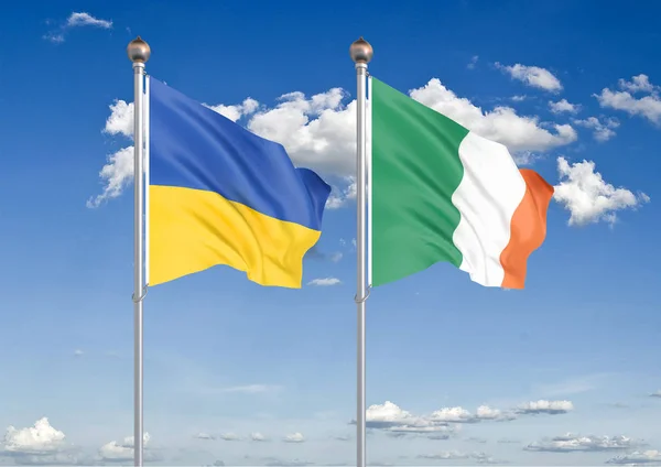 Ukraine Ireland Thick Colored Silky Flags Ukraine Ireland Illustration Sky — Stock Photo, Image