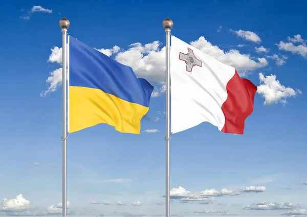 Ukraine Malta Thick Colored Silky Flags Ukraine Malta Illustration Sky — Stock Photo, Image