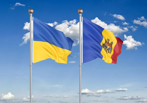Ukrayna vs Moldova. Ukrayna ve Moldova kalın renkli ipeksi bayraklar. Gökyüzü arka plan İllüstrasyon 3d illüstrasyon