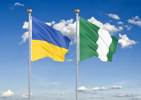Ukraine Nigeria Thick Colored Silky Flags Ukraine Nigeria Illustration Sky — Stock Photo, Image