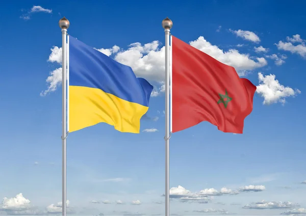 Ukraina Maroko Grube Kolorowe Flagi Jedwabiste Ukrainy Maroka Ilustracja Tle — Zdjęcie stockowe