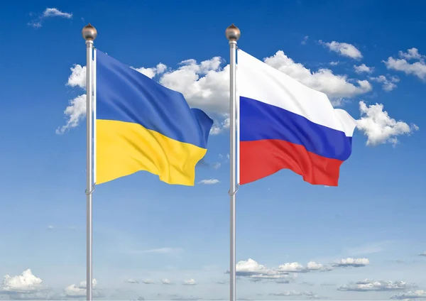 Ukrayna vs Rusya. Ukrayna ve Rusya kalın renkli ipeksi bayraklar. Gökyüzü arka plan İllüstrasyon 3d illüstrasyon