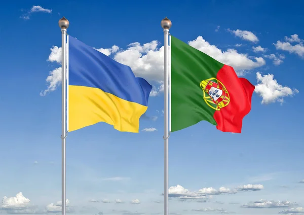 Ukraine Portugal Thick Colored Silky Flags Ukraine Portugal Illustration Sky — Stock Photo, Image