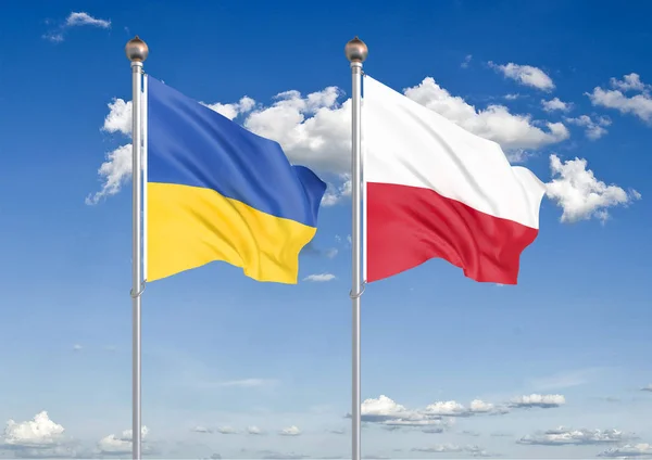 Ukraine vs Poland. Thick colored silky flags of Ukraine and Poland. 3D illustration on sky background  Illustration