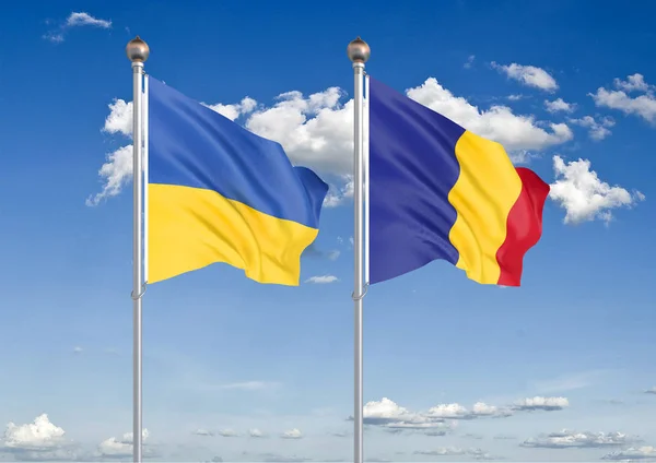 Ukraine Romania Thick Colored Silky Flags Ukraine Romania Illustration Sky — Stock Photo, Image