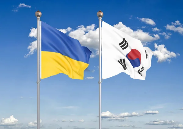Ucraina Contro Corea Del Sud Spesse Bandiere Colorate Seta Ucraina — Foto Stock