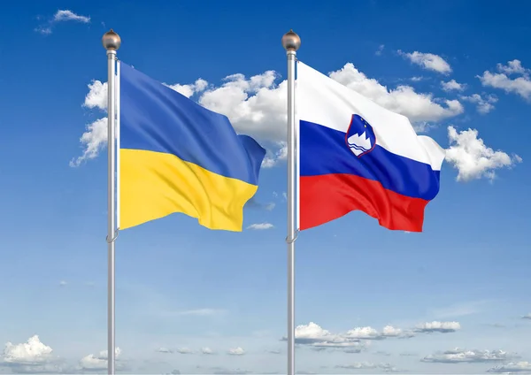Ukraine Slovenia Thick Colored Silky Flags Ukraine Slovenia Illustration Sky — Stock Photo, Image