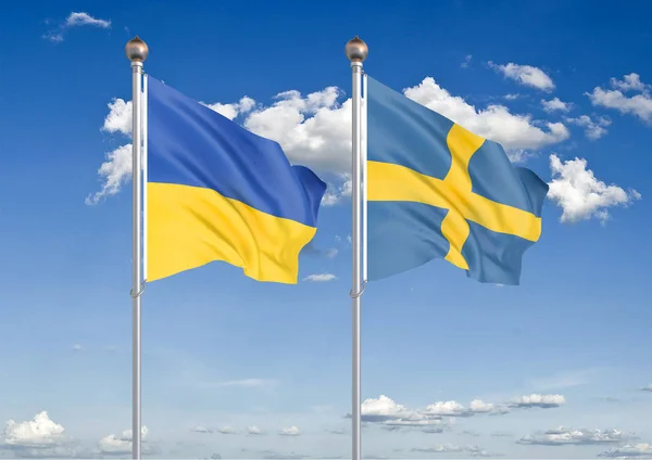 Ukraine Sweden Thick Colored Silky Flags Ukraine Sweden Illustration Sky — Stock Photo, Image