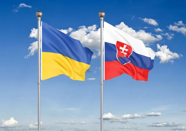 Ukraine Slovakia Thick Colored Silky Flags Ukraine Slovakia Illustration Sky — Stock Photo, Image