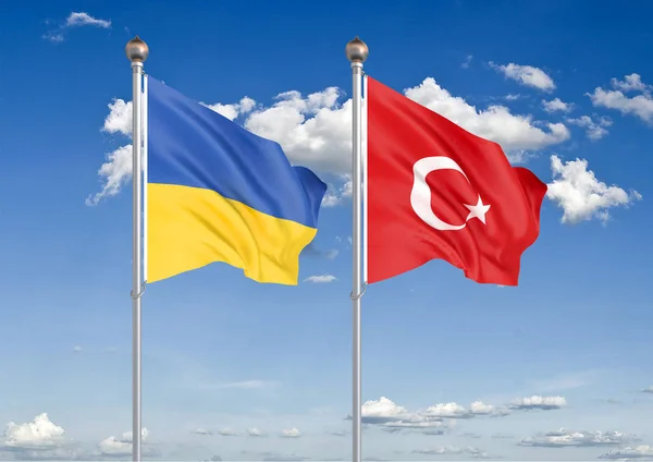 Ukrayna vs Türkiye. Ukrayna ve Türkiye'nin kalın renkli ipeksi bayrakları. Gökyüzü arka plan İllüstrasyon 3d illüstrasyon