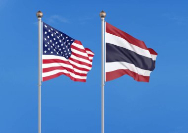 Amerika Birleşik Devletleri vs Tayland. Amerika ve Arjantin kalın renkli ipeksi bayraklar. Gökyüzü arka plan İllüstrasyon 3d illüstrasyon