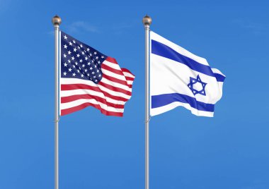 Amerika Birleşik Devletleri - İsrail. Amerika ve Arjantin kalın renkli ipeksi bayraklar. Gökyüzü arka plan İllüstrasyon 3d illüstrasyon