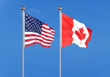 Amerika Birleşik Devletleri vs Kanada. Amerika ve Kanada'nın kalın renkli ipeksi bayrakları. Gökyüzü arka planda 3d illüstrasyon - İllüstrasyon