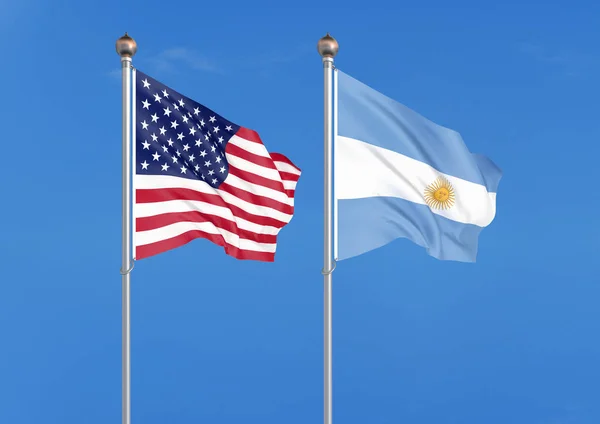 Ηνωμένες Πολιτείες Της Αμερικής Αργεντινή Πυκνές Έγχρωμες Μεταξένια Σημαίες Της — Φωτογραφία Αρχείου