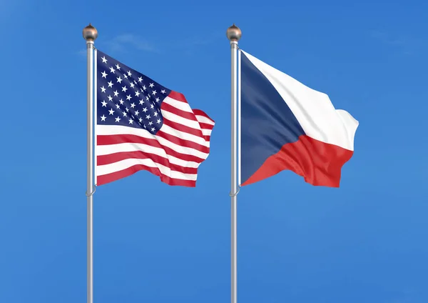 Verenigde Staten Van Amerika Tsjechische Republiek Dikke Gekleurde Zijdeachtige Vlaggen — Stockfoto