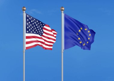 Amerika Birleşik Devletleri vs Avrupa Birliği. Amerika ve Avrupa Birliği kalın renkli ipeksi bayraklar. Gökyüzü arka planda 3d illüstrasyon - İllüstrasyon
