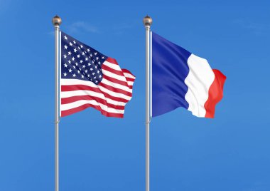 Amerika Birleşik Devletleri vs Fransa. Amerika ve Fransa'nın kalın renkli ipeksi bayrakları. Gökyüzü arka planda 3d illüstrasyon - İllüstrasyon